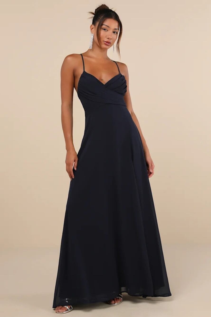 NWOT Lulus Event Ready Navy Backless Lace-Up Maxi Dress Wedding Bridesmaid Sz L